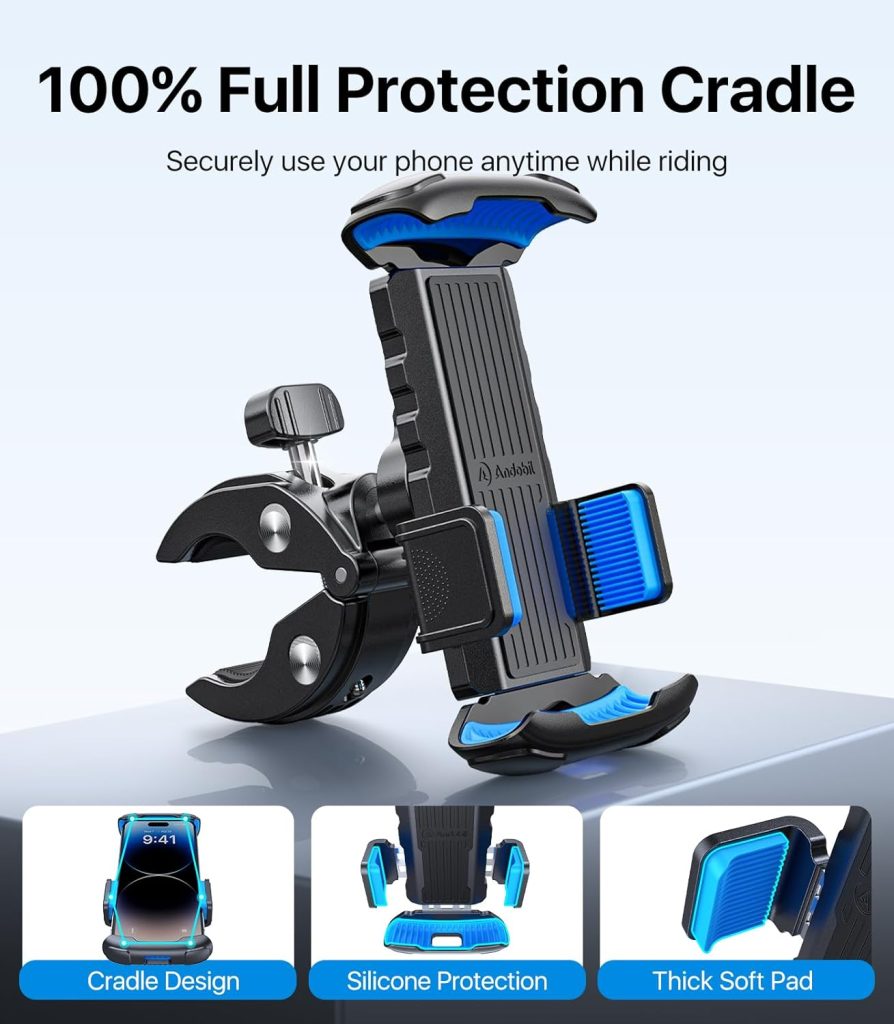 andobil Bike Phone Mount, [2023 Anti-Theft Handlebar Clamp] [Ultimate Security] Motorcycle Phone Mount Bicycle Handlebar Cell Phone Holder for iPhone 14 13 12 S22 S21  Big Phone Thick Case Friendly