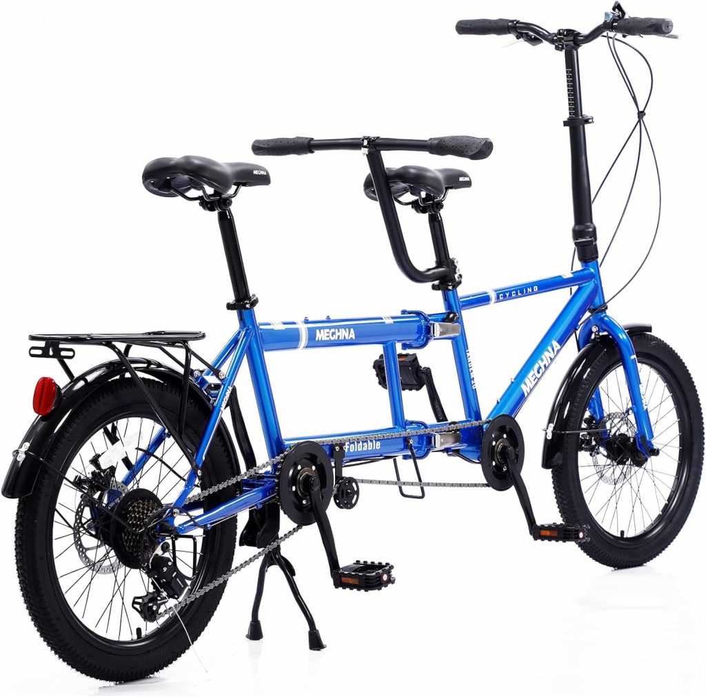 GOJLEX Foldable Tandem Bike, 20”City Tandem Folding Bicycle, 7-Speed Adjustable Cruiser Bike Folding Bike with 3 Seats Disc Brake, CE FCC CCC