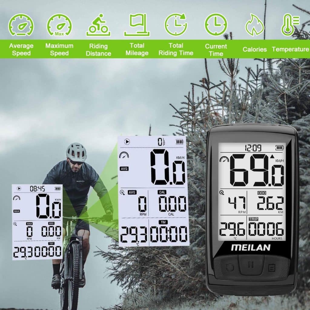 MEILAN M4 Wireless Bike Computer, ANT+ BLE4.0 Bicycle Speedometer and Odometer with Cadence/Speed Sensor, Waterproof Cycling Computer with 2.5 inch LCD Backlight Display for Indoor/Outdoor Cycling