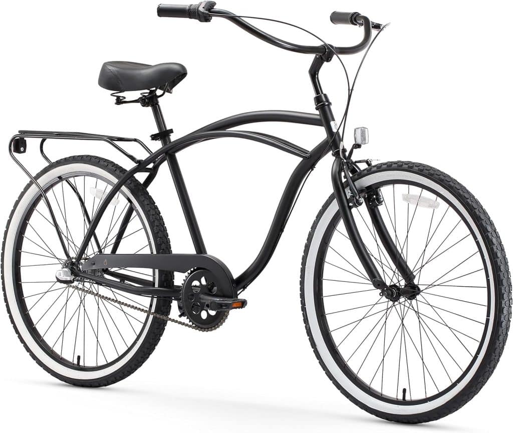 sixthreezero Around The Block Mens Beach Cruiser Bike, Step-Through Hybrid Bicycle with Rear Rack, 24 or 26 Inch Wheels, Multiple Speed Options and Colors