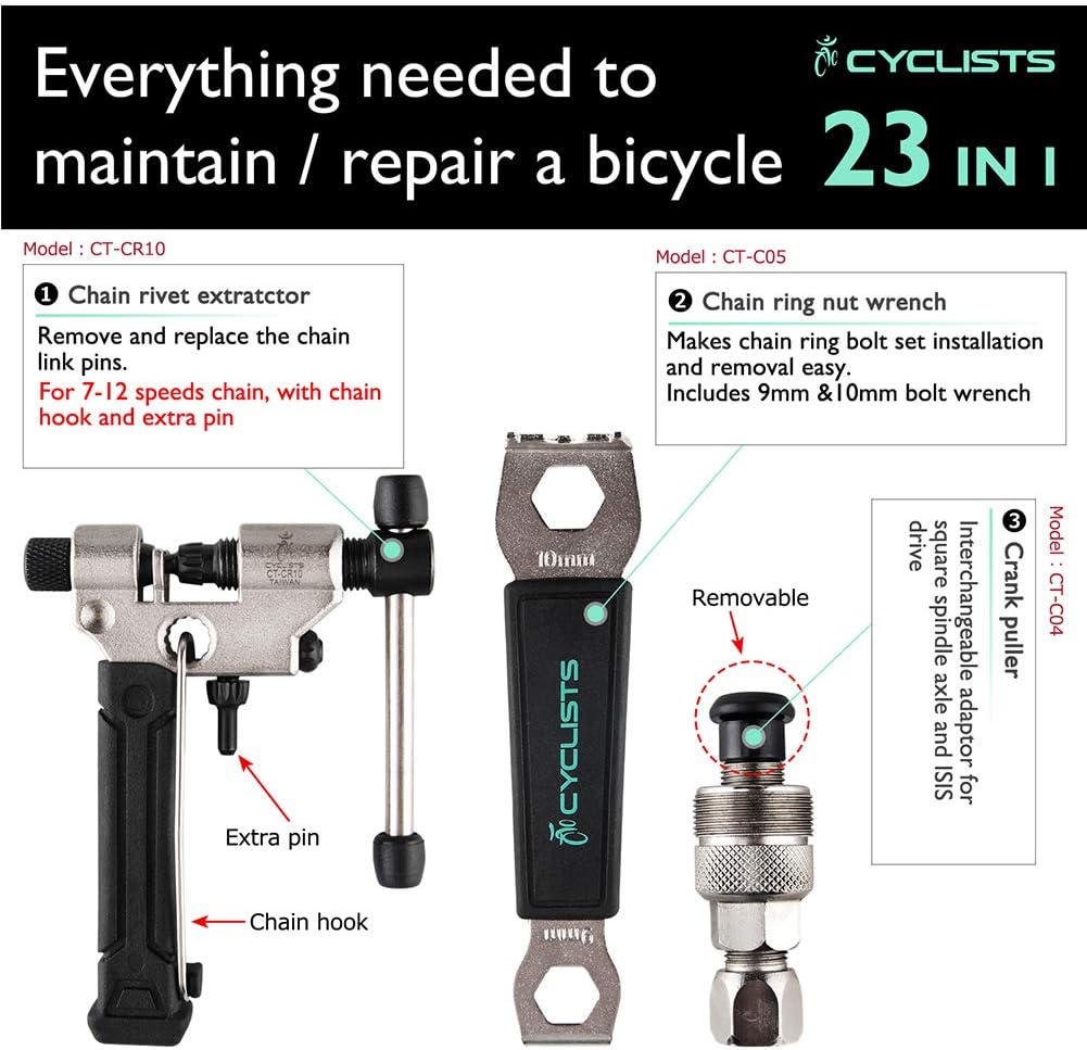 23 Piece Bike Tool Kit - Bicycle Repair Tool Box Compatible - Mountain/Road Bike Maintenance Tool Set with Storage Case (Black)