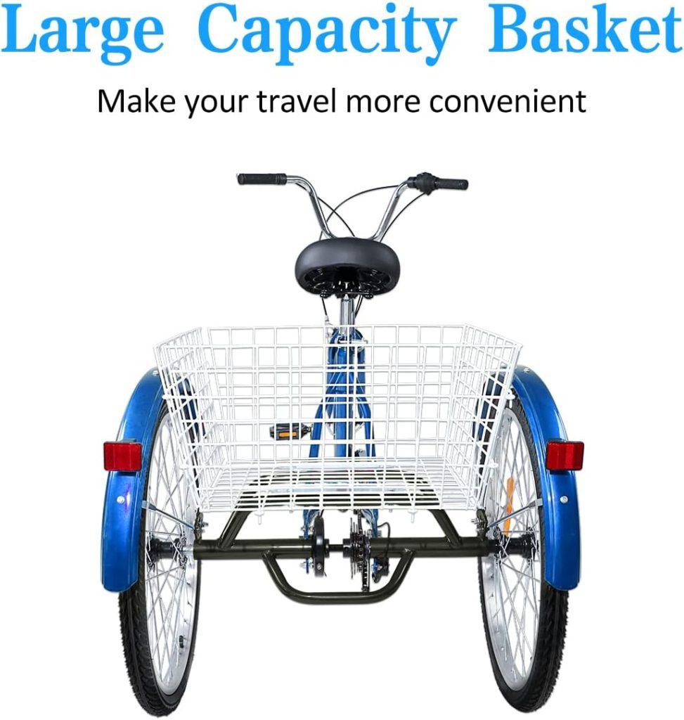 Outroad Adult Tricycle, 24/26 inch 7 Speed Cruiser Trike, 3 Wheel Bikes with Large Basket for Seniors, Women, Men, Adult Trikes for Shopping Picnic Outdoor Sports, Red and Bule