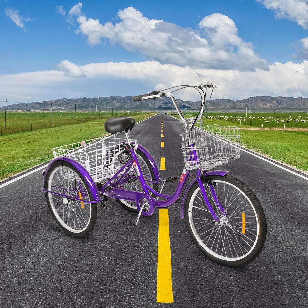 PEXMOR Adult Tricycle 7 Speed, 24/26 Inch 3 Wheel Bikes Tricycle for Adults, Adult Trike for Women/Men/Seniors, Three Wheel Cruiser Bike w/Folding Front  Rear Basket for Shopping/Recreation/Picnic