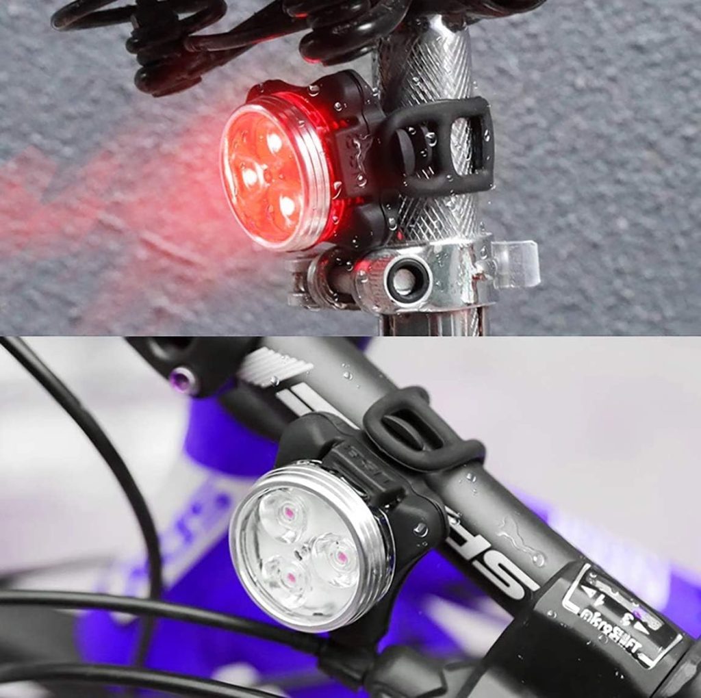 RAV3 Bike Light Set - Super Bright Waterproof Front and Rear Bike Bicycle Light Set - 4 Light Modes for Bike LEDs Rechargeable Set - (2 Black Led Lights, 2 USB, 2 Straps)