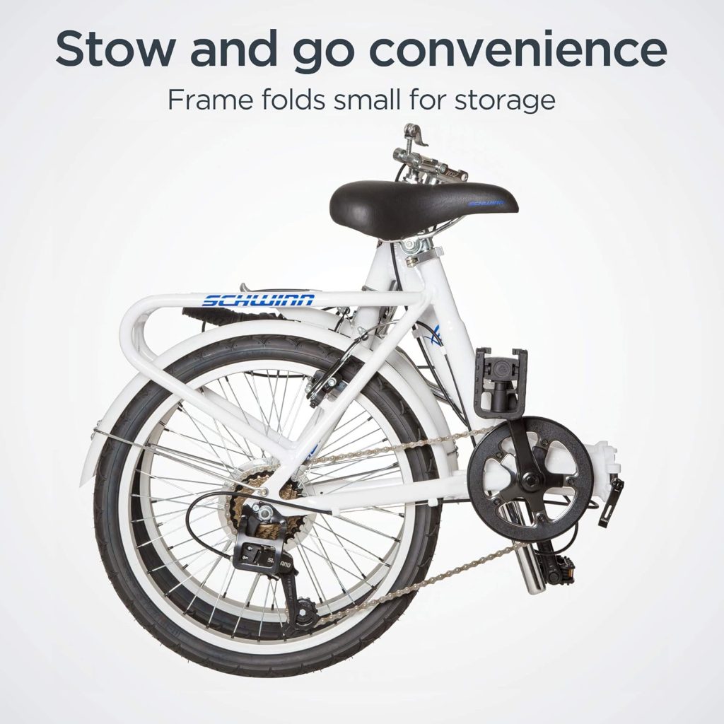 Schwinn Loop Adult Folding Bike, Men and Women, 20-inch Wheels, 7-Speed Drivetrain, Rear Cargo Rack, Carrying Bag Included for Storage