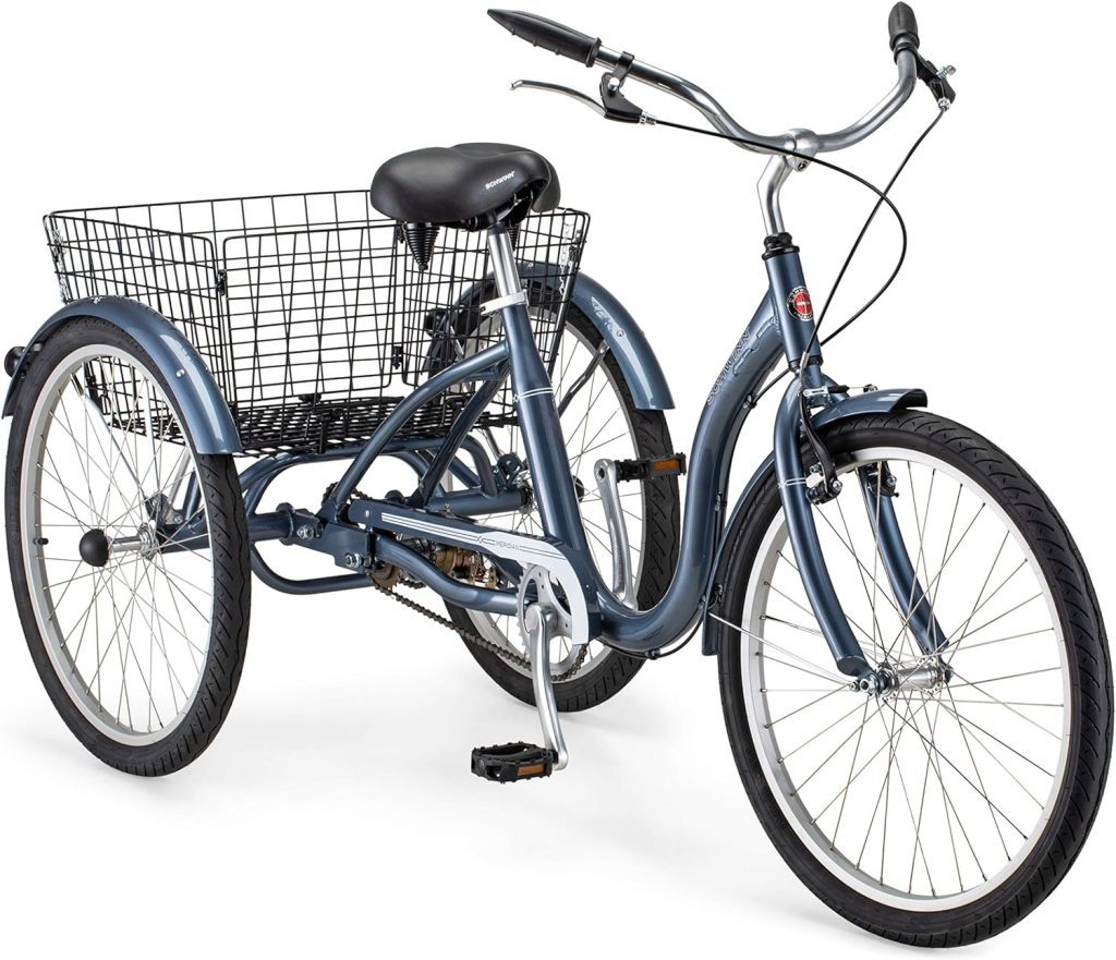 Schwinn Meridian Adult Tricycle Bike, 24  26-Inch 3 Wheels, Low Step-Through Frame, Large Cruiser Seat, Rear Folding Basket