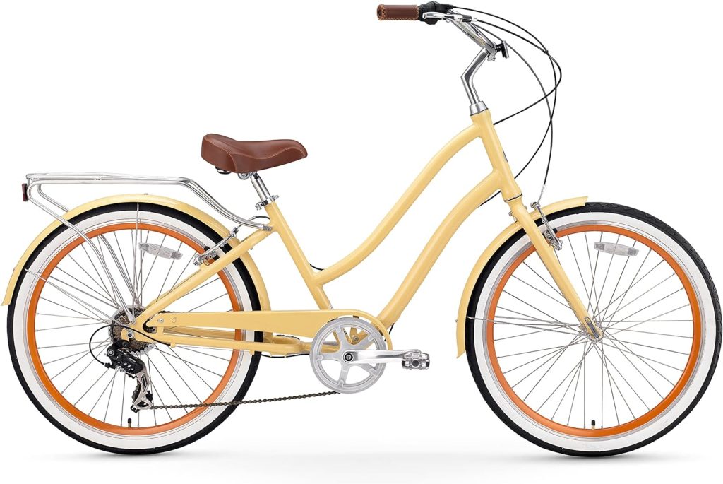 sixthreezero EVRYjourney Womens 7-Speed Step-Through Hybrid Cruiser Bicycle, 26 Wheels with 17.5 Frame, Cream with Brown Seat and Grips, Model:630034  Firmstrong Classic Beach Cruiser Bicycle Bell