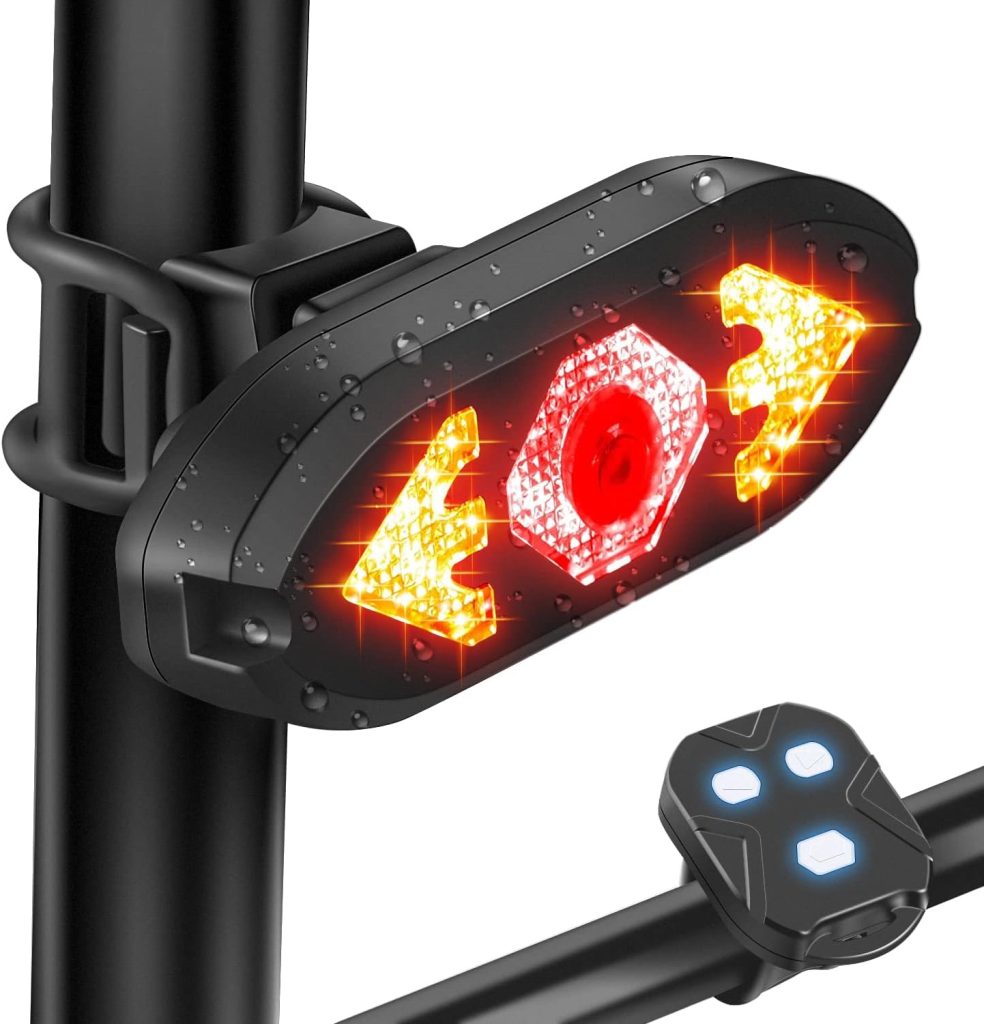 Smart Bike Tail Light USB Rechargeable Bicycle Turn Signals with Remote Control Rear Bike Light Waterproof Safety Warning Back Lights Bike Alarm for Night Riding Mountain