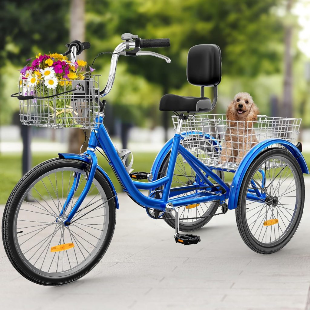YITAHOME Adult Tricycle, 24 Inch 3 Wheel Bikes, 7 Speed Trike Bike with Shimano Shifting for Adults with Removable Baskets, Cruiser Bike for Seniors Women Men Shopping Picnic Outdoor Sports, Blue