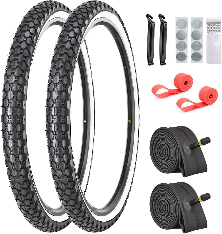 2 Pack 24x2.125 Inch 26x2.125 Inch Cruiser Bike Tires and Tubes White/Black Side Wall with Repair Kit- 2 Levers,2 Rim Strips, Glueless Patch Kit