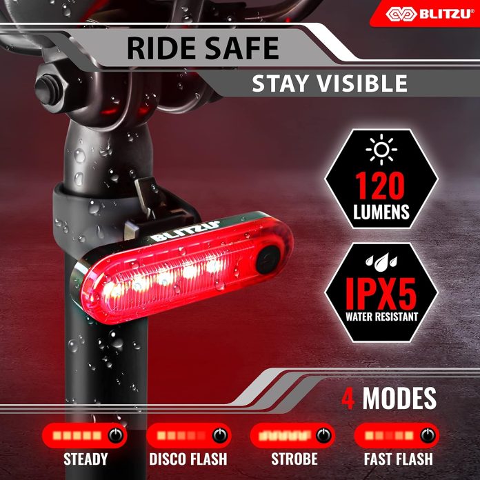 2024 blitzu usb c rechargeable bike tail light 2 pack cyborg 120t bright red led bicycle rear light waterproof helmet li 2