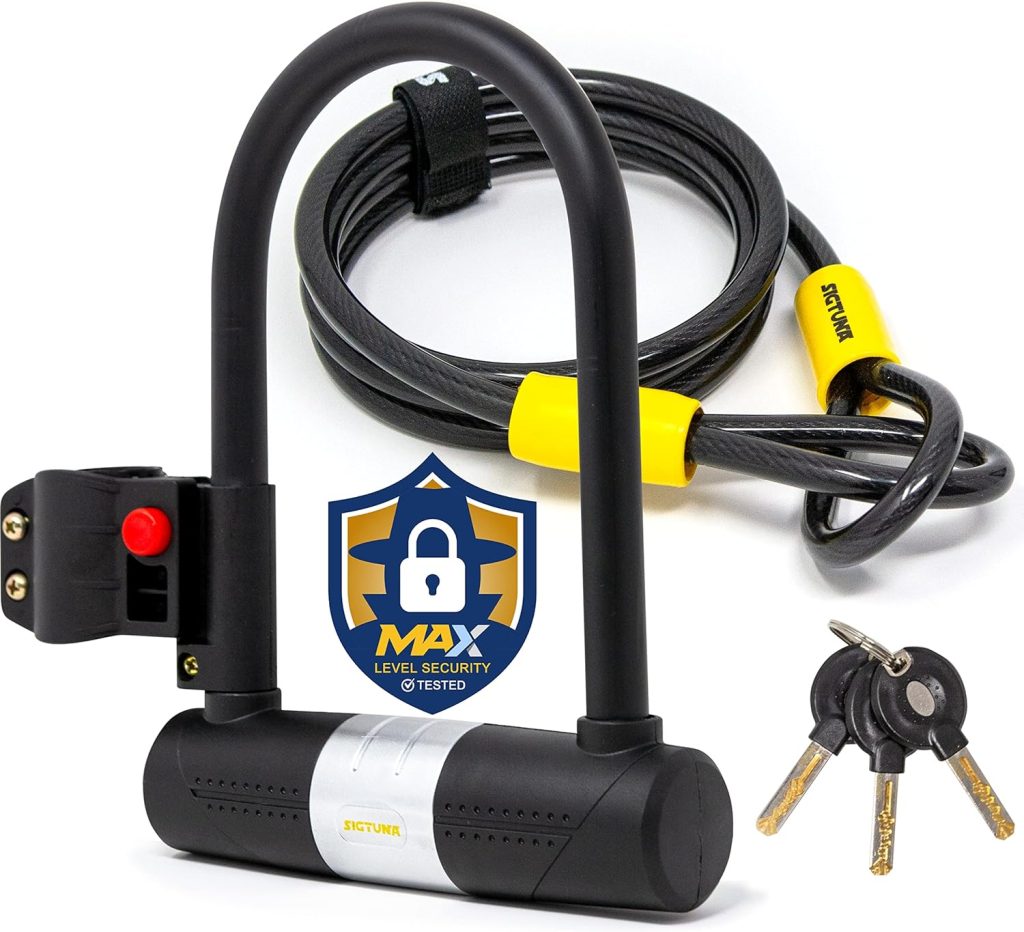Bike U-Lock - Sigtuna Bike Lock Heavy Duty Anti-Theft with 4ft/1.2m Cable, Bicycle U-Lock with Sturdy Mounting Bracket for Mountain Bikes, Ebikes, Scooters