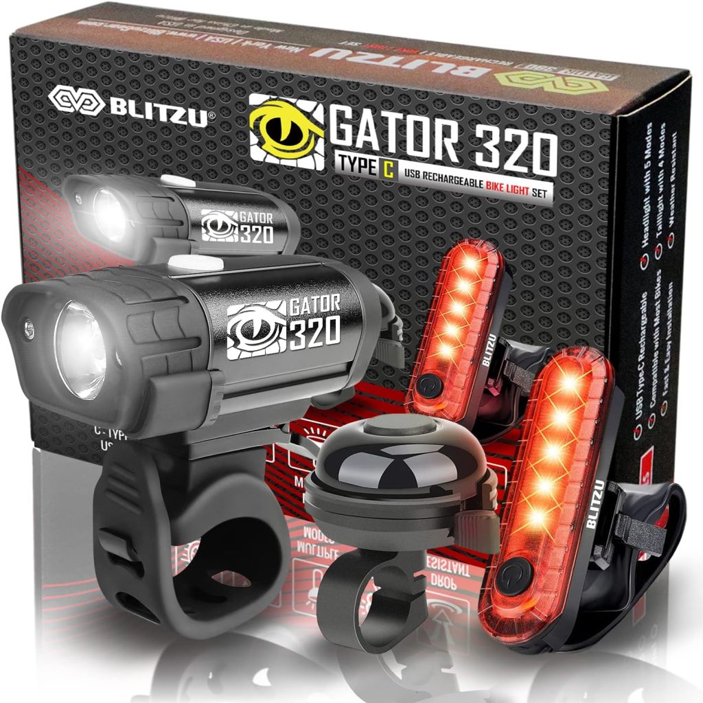 BLITZU Bike Lights, Bike Reflectors Front and Back. LED Rechargeable Headlight Rear Taillight  Bell Set Bicycle Accessories for Night Riding Men Women Kids. Gift for Dad, Mom, Boys, Girls