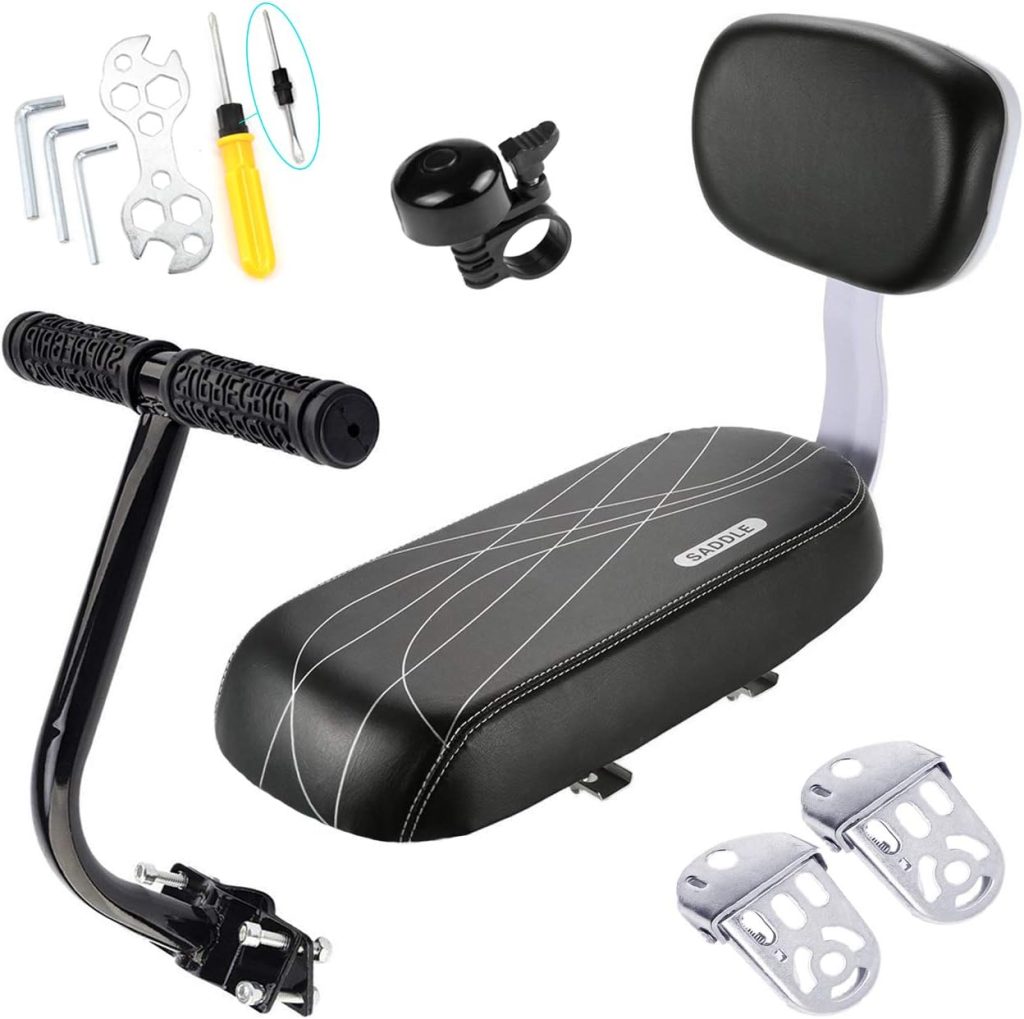 CenterZ Bike Rear Seat Cushion with Safety Cycling Backrest + Backseat Armrest Handrail + Foldable Hidden Bicycle Footrests + Universal Handlebar Bell