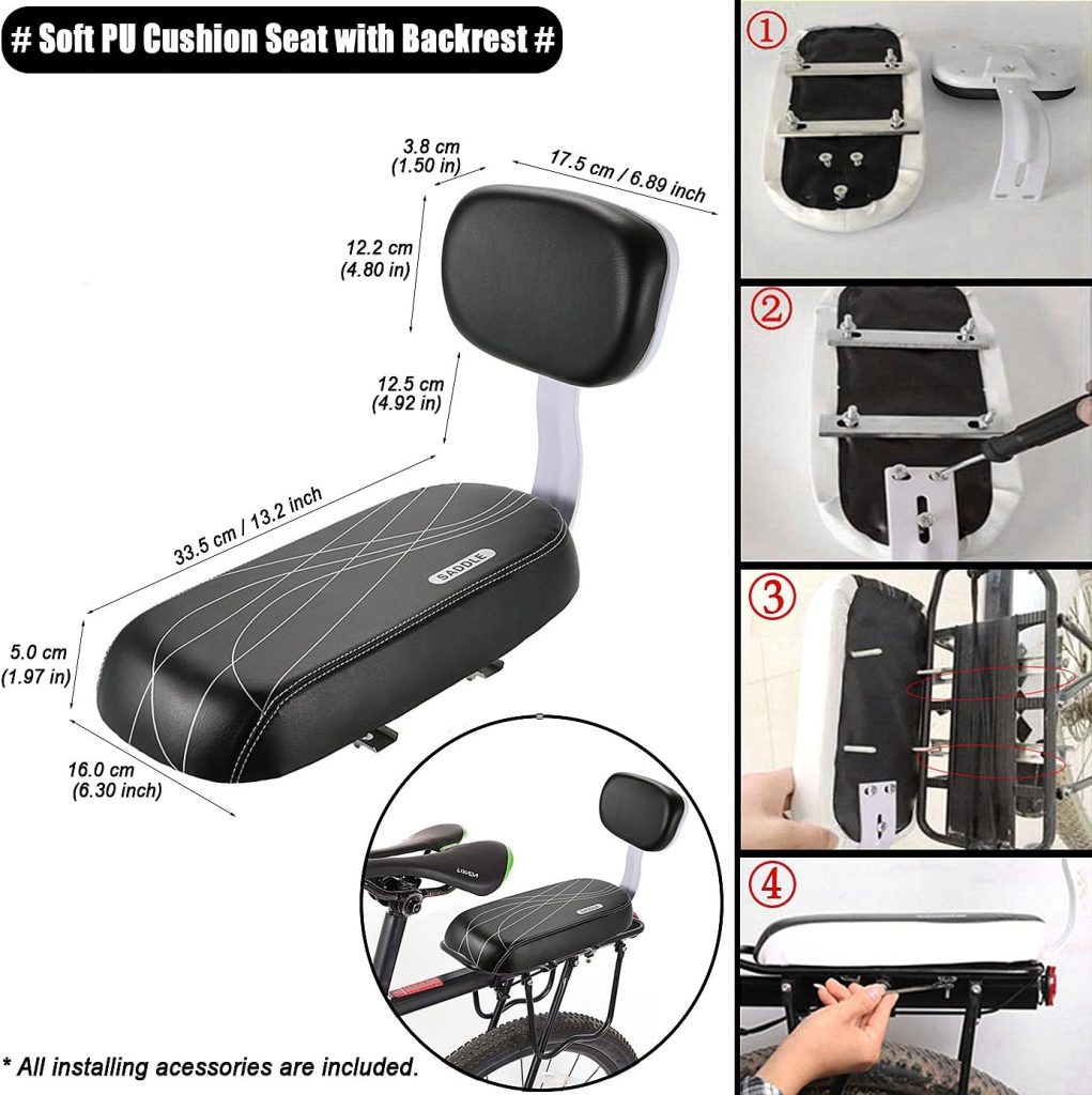 CenterZ Bike Rear Seat Cushion with Safety Cycling Backrest + Backseat Armrest Handrail + Foldable Hidden Bicycle Footrests + Universal Handlebar Bell