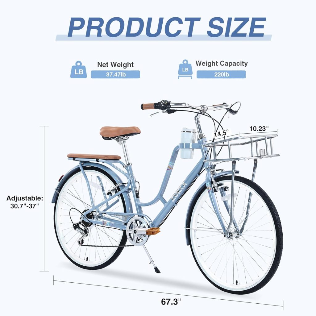 petolovty 26 Inch City Bike with Coffee Cup Holder, Vintage Front Basket, with 7 Speeds, Lightweight Aluminum Alloy Frame Hybrid Bicycle for Women Men Adult