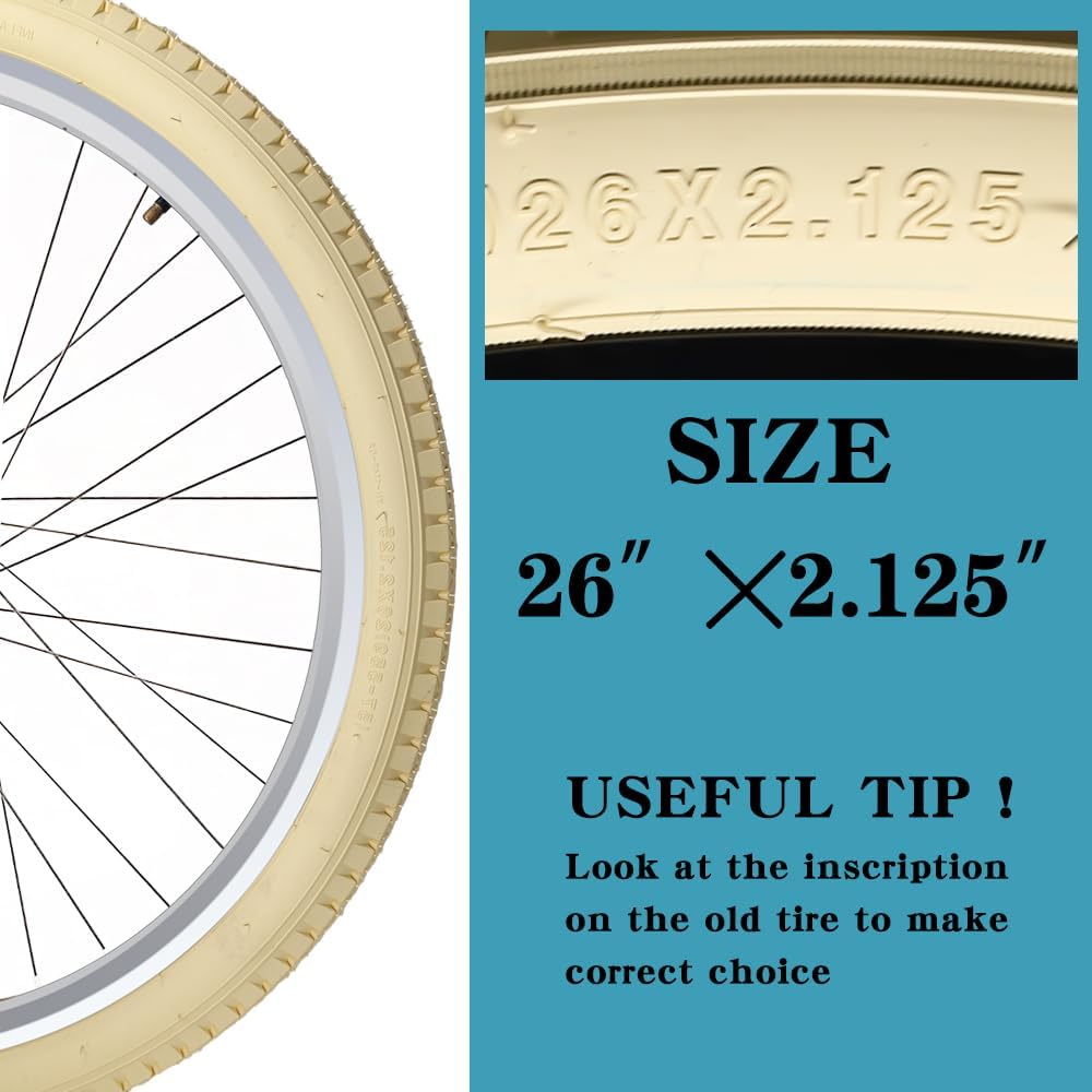 SIMEIQI 1 or 2 Pack 26x2.125 Beach Cruiser Bike Tires Cream Color with or Without Inner Tubes 26x1.75/2.125 Replacement Folding Bicycle Tyres for City Commuter Urban Pavement