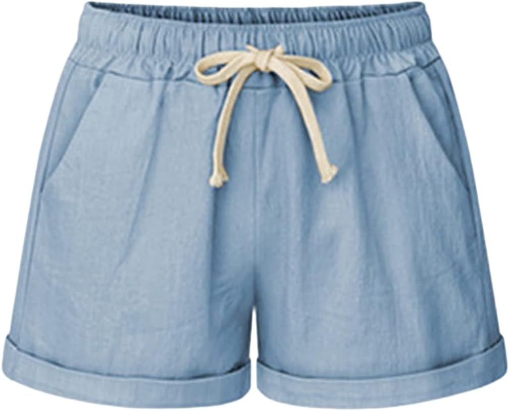 Summer Drawstring Short Pants for Women Wide Leg Casual Loose Solid Beach Shorts Elastic Waist Comfy Shorts with Pockets (Light Blue,Medium)