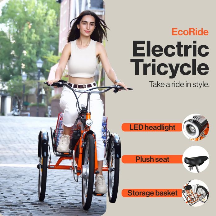 superhandy adult tricycle electric bike ecoride 3 modes adaptive torque pedal assist 250w motor 2 lithium batteries 330l 1