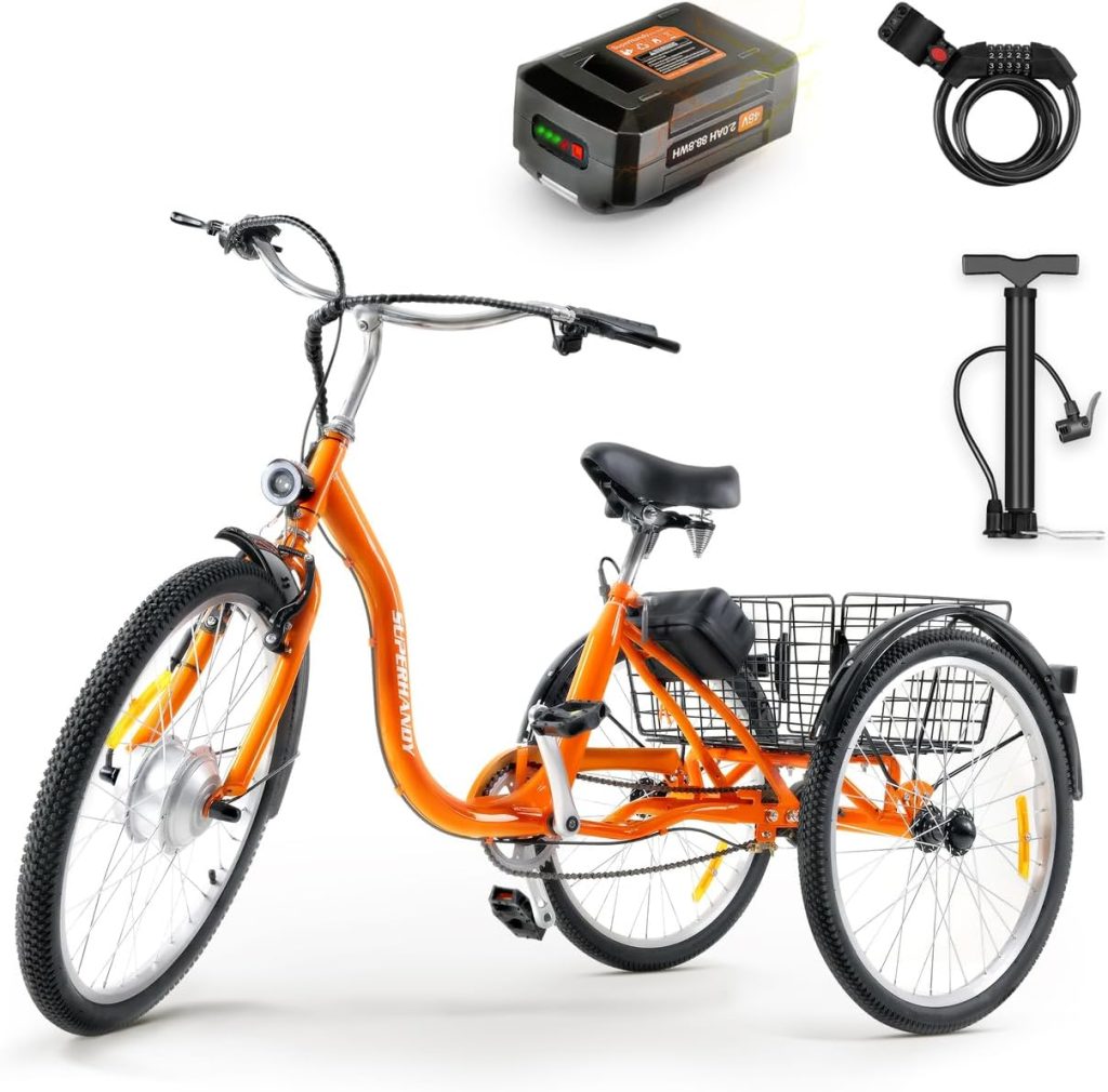 SuperHandy Adult Tricycle Electric Bike EcoRide 3 Modes, Adaptive Torque Pedal Assist, 250W Motor, (2) Lithium Batteries, 330LB Capacity, Large Storage Basket, LED Headlight, Air Pump+Lock Included