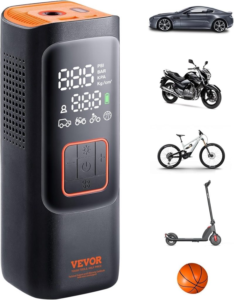 VEVOR Electric Bike Pump, 150PSI Tire Inflator Portable Air Compressor with Auto Shut-Off and LCD Screen, Electric Air Pump with Presta Schrader Valve for Motorcycle Bike Car Ball