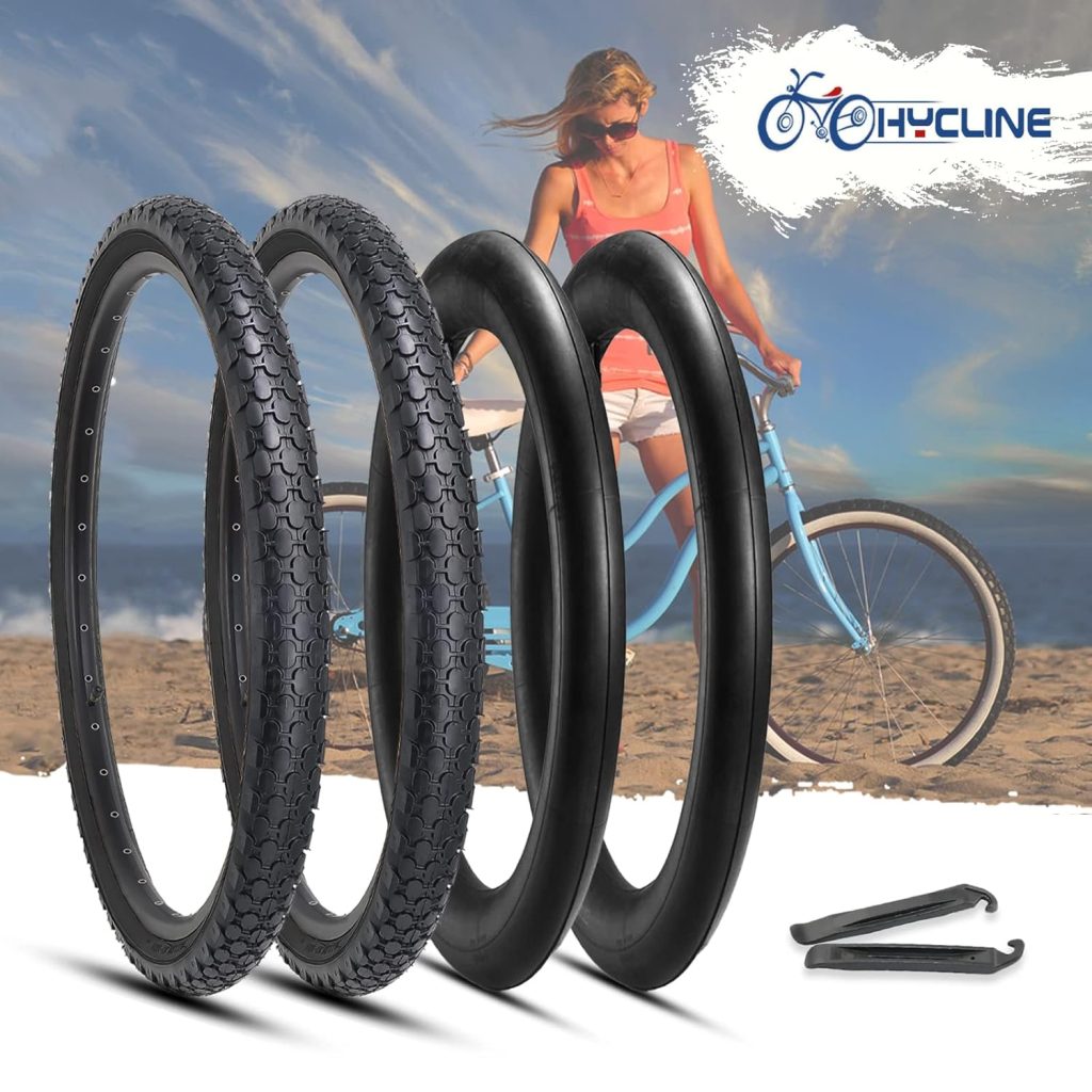Hycline 2-Pack Cruiser Bike Tires Set: 24/26x2.125 inch Folding Replacement Puncture-Resistant Bicycle Tires and Pair 24/26-inch Inner Tubes with Tire Levers for Beach or Urban City Commuter Bike