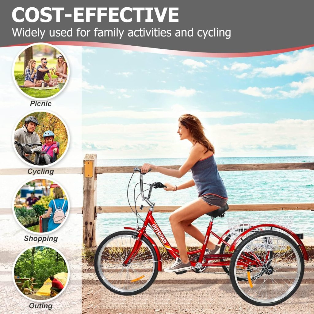 7 Speed Adult Tricycle, 24/26 Inch 3 Wheel Bikes with Large Basket, Cruiser Bike for Women/Men/Seniors, Adult Trike for Outdoor/Shopping/Recreation/Picnic (red, 24inch)