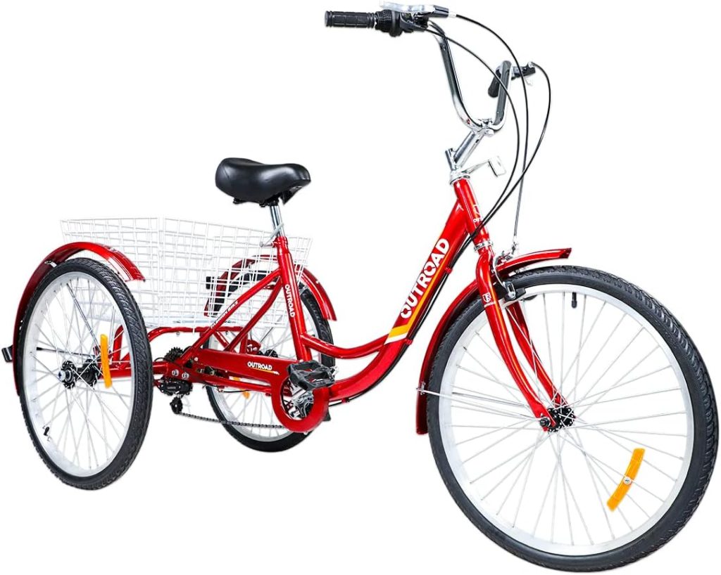 7 Speed Adult Tricycle, 24/26 Inch 3 Wheel Bikes with Large Basket, Cruiser Bike for Women/Men/Seniors, Adult Trike for Outdoor/Shopping/Recreation/Picnic (red, 24inch)