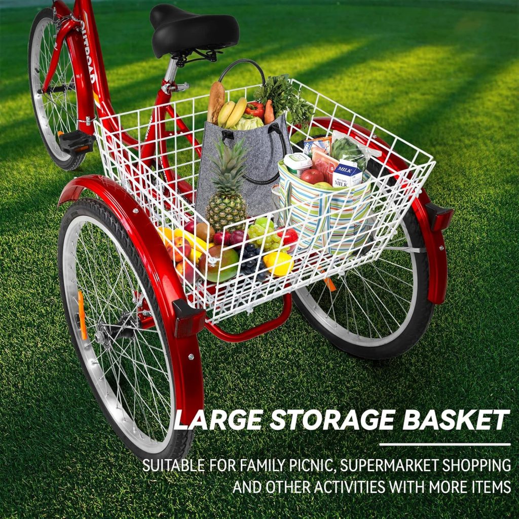 7 Speed Adult Tricycle, 24/26 Inch 3 Wheel Bikes with Large Basket, Cruiser Bike for Women/Men/Seniors, Adult Trike for Outdoor/Shopping/Recreation/Picnic (red, 24inch)
