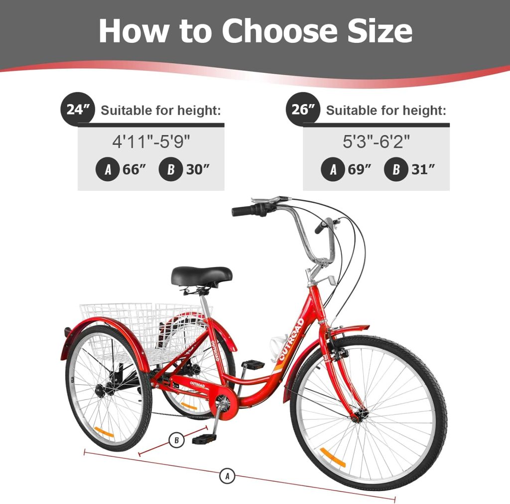 7 Speed Adult Tricycle, 24/26 Inch 3 Wheel Bikes with Large Basket, Cruiser Bike for Women/Men/Seniors, Adult Trike for Outdoor/Shopping/Recreation/Picnic (red, 24inch)