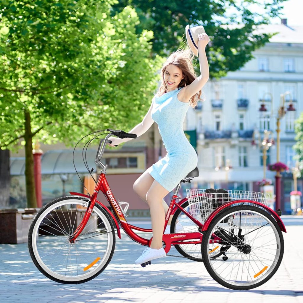 7 Speed Adult Tricycle, 24/26 Inch 3 Wheel Bikes with Large Basket, Cruiser Bike for Women/Men/Seniors, Adult Trike for Outdoor/Shopping/Recreation/Picnic (red, 24inch)