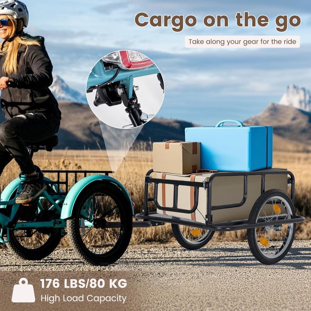 ABORON Foldable Bike Cargo Trailer – 176 lbs Load Capacity, 16×2.125″ Wheels, Quick-Attach Pin Release, Anti-Rust Steel Frame with Reflector