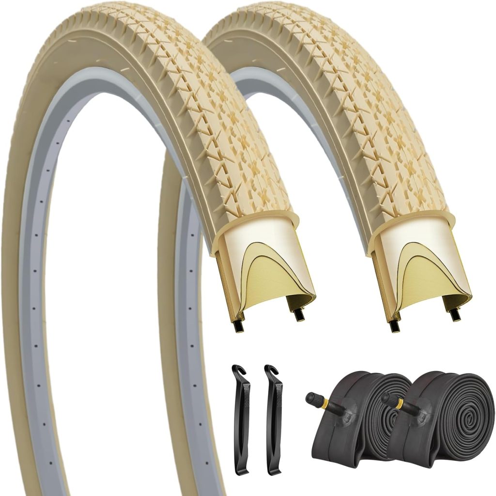 SIMEIQI 1 or 2 Pack 26x2.125 Cruiser Beach Bike Tires Cream Color with or Without Inner Tubes 26x1.75/2.125 Replacement Folding Bicycle Tyres for City Commuter Urban Pavement