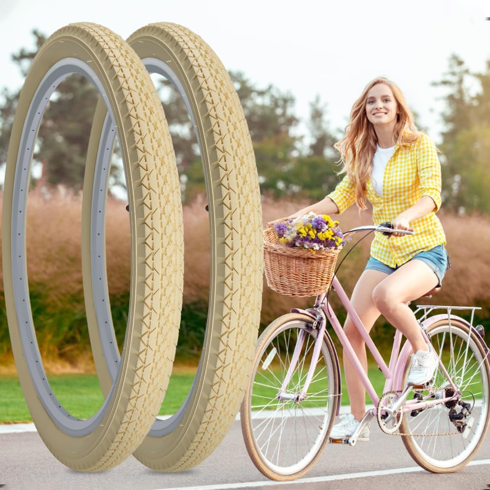 SIMEIQI 1 or 2 Pack 26x2.125 Cruiser Beach Bike Tires Cream Color with or Without Inner Tubes 26x1.75/2.125 Replacement Folding Bicycle Tyres for City Commuter Urban Pavement