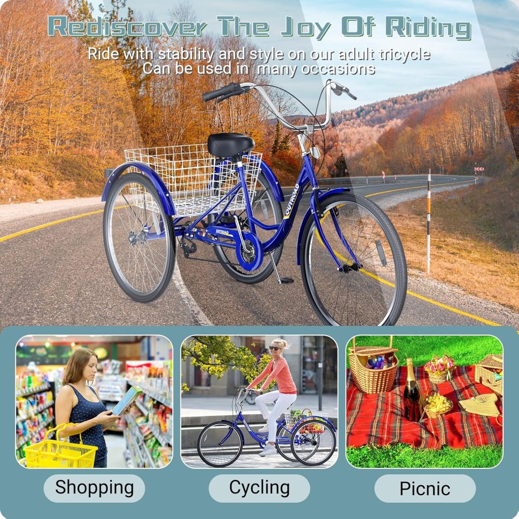 7 Speed Adult Tricycle, 24 inch Cruiser Trike with Large Basket for Women Men Seniors, 3 Wheel Bike for Outdoor, Shopping, Recreation, Picnic (Blue) 7 Speed Adult Tricycle, 24 inch Cruiser Trike with Large Basket for Women Men Seniors, 3 Wheel Bike for Outdoor, Shopping, Recreation, Picnic (Blue)