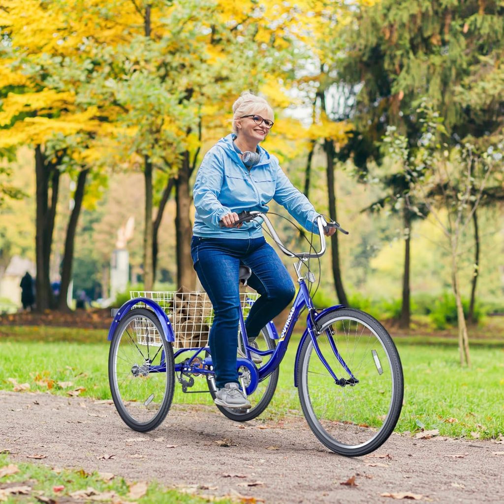 7 Speed Adult Tricycle, 24 inch Cruiser Trike with Large Basket for Women Men Seniors, 3 Wheel Bike for Outdoor, Shopping, Recreation, Picnic (Blue) 7 Speed Adult Tricycle, 24 inch Cruiser Trike with Large Basket for Women Men Seniors, 3 Wheel Bike for Outdoor, Shopping, Recreation, Picnic (Blue)