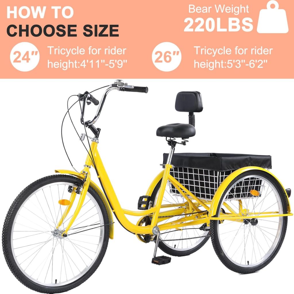 Adult Tricycle inch Speed, Three Wheel Bicycle for Adult, Trike Cruiser W/Tools Big Basket for Exercise Shopping Picnic Outdoor Activities Yellow Adult Tricycle inch Speed, Three Wheel Bicycle for Adult, Trike Cruiser W/Tools Big Basket for Exercise Shopping Picnic Outdoor Activities Yellow