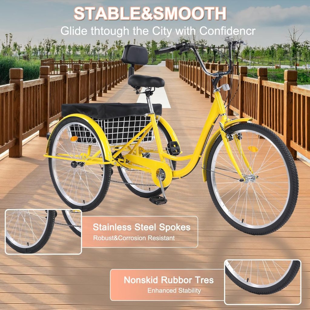 Adult Tricycle inch Speed, Three Wheel Bicycle for Adult, Trike Cruiser W/Tools Big Basket for Exercise Shopping Picnic Outdoor Activities Yellow Adult Tricycle inch Speed, Three Wheel Bicycle for Adult, Trike Cruiser W/Tools Big Basket for Exercise Shopping Picnic Outdoor Activities Yellow