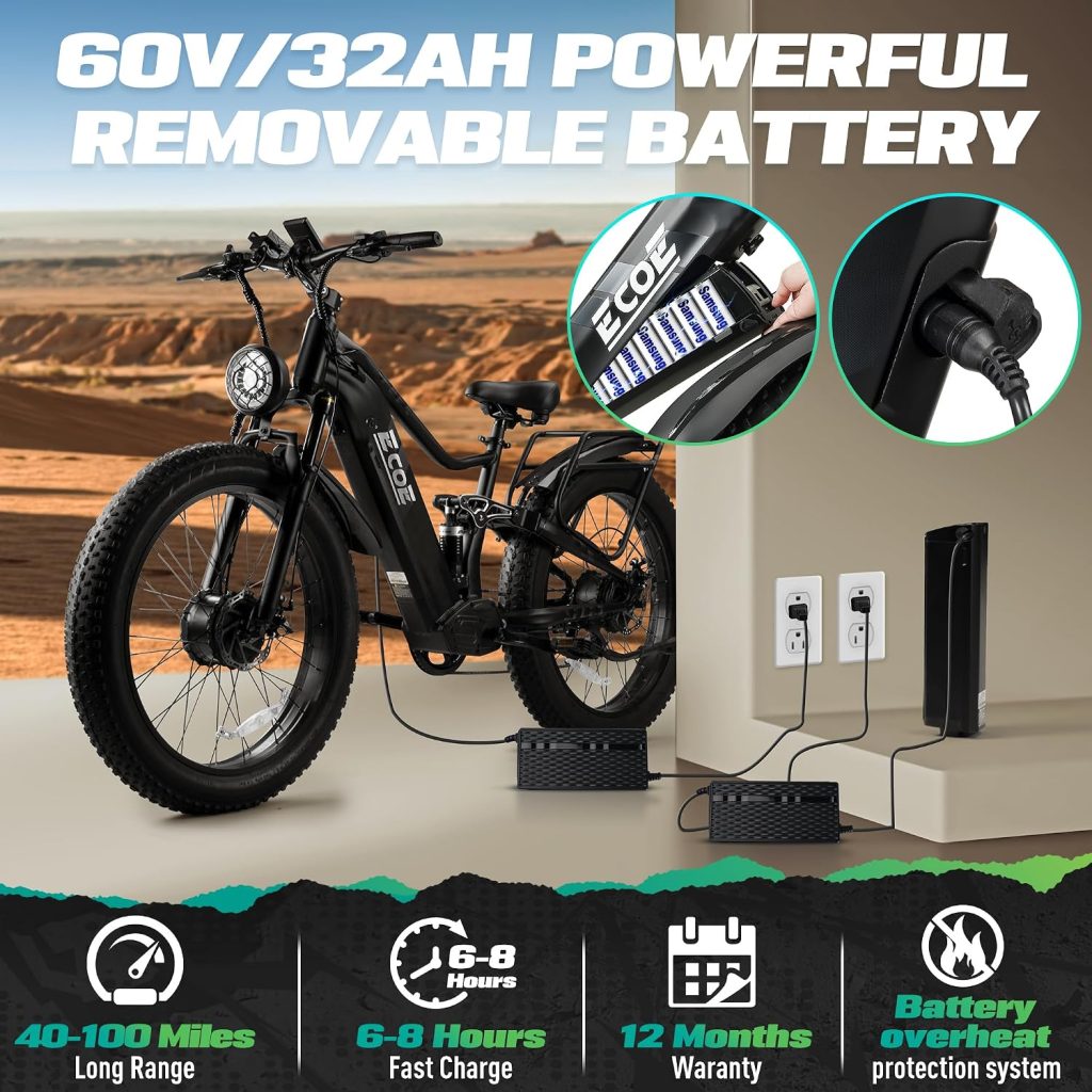 EcoE 8OOOW Dual Motor Electric Bike for Adults 5OMPH 60V32A, 26x4 Fat Tire All Terrain Ebikes, Full Suspension E Bike, 7-Speed Gear Electric Bicycle EcoE 8OOOW Dual Motor Electric Bike for Adults 5OMPH 60V32A, 26x4 Fat Tire All Terrain Ebikes, Full Suspension E Bike, 7-Speed Gear Electric Bicycle