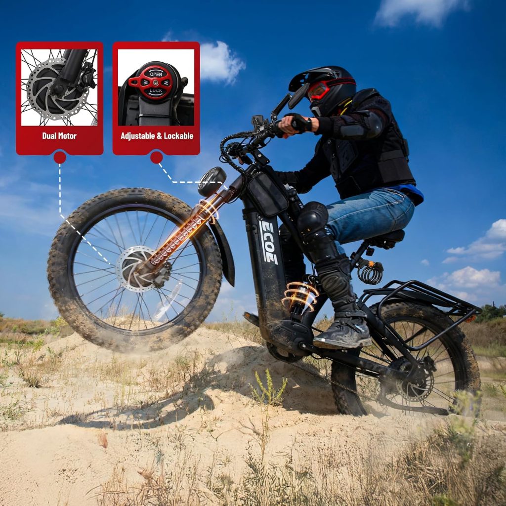 EcoE 8OOOW Dual Motor Electric Bike for Adults 5OMPH 60V32A, 26x4 Fat Tire All Terrain Ebikes, Full Suspension E Bike, 7-Speed Gear Electric Bicycle EcoE 8OOOW Dual Motor Electric Bike for Adults 5OMPH 60V32A, 26x4 Fat Tire All Terrain Ebikes, Full Suspension E Bike, 7-Speed Gear Electric Bicycle