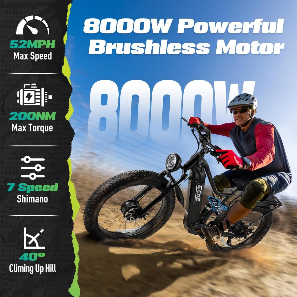 EcoE 8OOOW Dual Motor Electric Bike for Adults 5OMPH 60V32A, 26x4 Fat Tire All Terrain Ebikes, Full Suspension E Bike, 7-Speed Gear Electric Bicycle EcoE 8OOOW Dual Motor Electric Bike for Adults 5OMPH 60V32A, 26x4 Fat Tire All Terrain Ebikes, Full Suspension E Bike, 7-Speed Gear Electric Bicycle