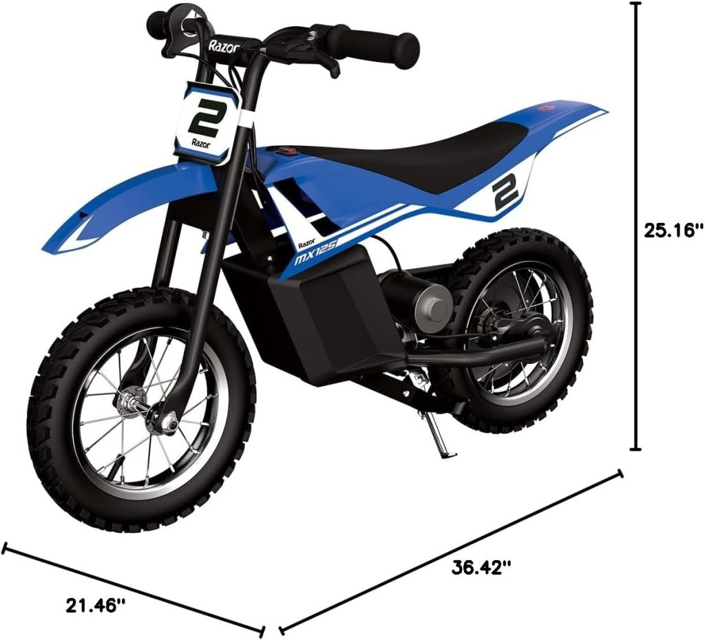 Razor MX125 Dirt Rocket Electric-Powered Bike with Authentic Motocross Geometry, Rear-Wheel Drive,100-watt, high-Torque, Chain-Driven Motor, for Kids 7+, Blue Razor MX125 Dirt Rocket Electric-Powered Bike with Authentic Motocross Geometry, Rear-Wheel Drive,100-watt, high-Torque, Chain-Driven Motor, for Kids 7+, Blue