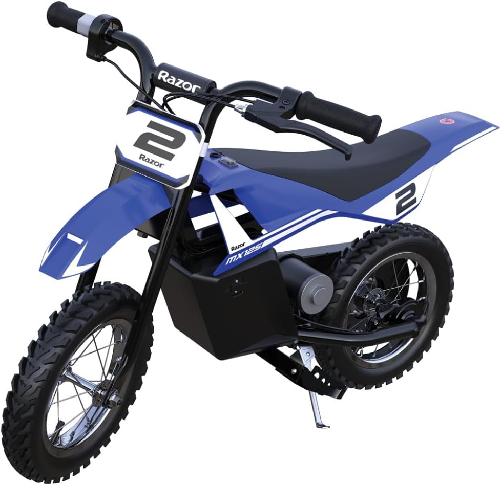 Razor MX125 Dirt Rocket Electric-Powered Bike with Authentic Motocross Geometry, Rear-Wheel Drive,100-watt, high-Torque, Chain-Driven Motor, for Kids 7+, Blue Razor MX125 Dirt Rocket Electric-Powered Bike with Authentic Motocross Geometry, Rear-Wheel Drive,100-watt, high-Torque, Chain-Driven Motor, for Kids 7+, Blue